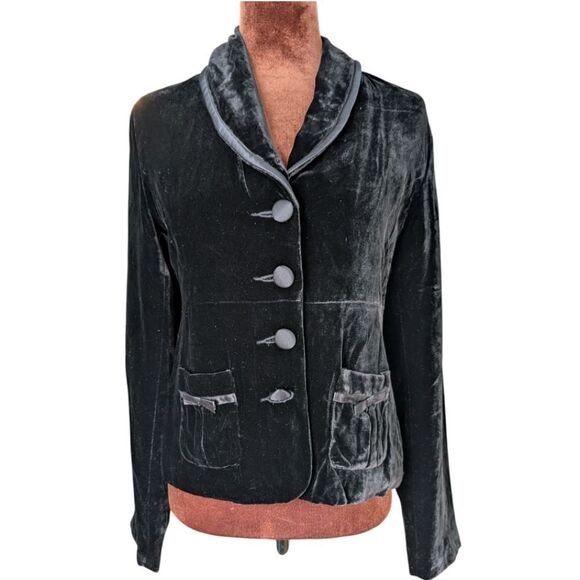 Luxury Silk Blend Black Velvet Blazer  with Bow Accent Ribbon Detailing Size 6 - Picture 1 of 13